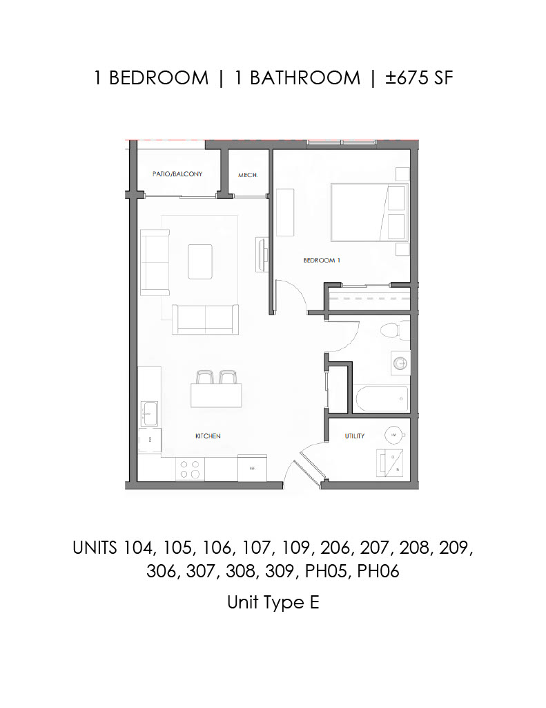 1 bedroom, 1 bathroom 675 square feet floor plan